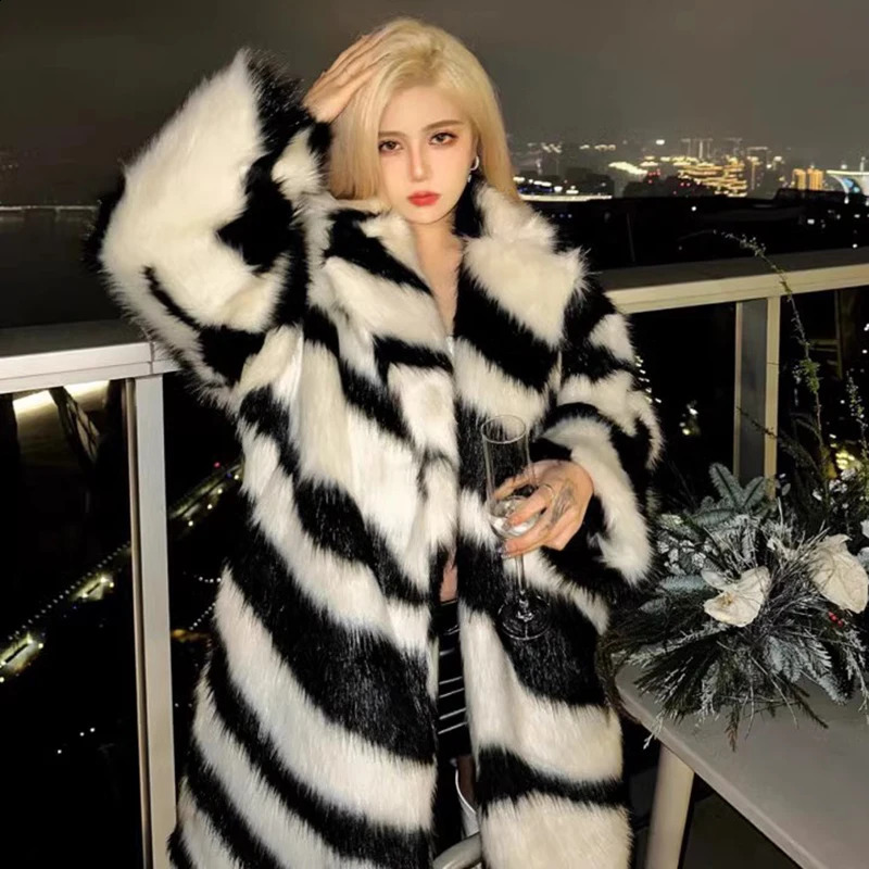 Womens spice sexy zebra fur coat fox medium long winter thick 240824