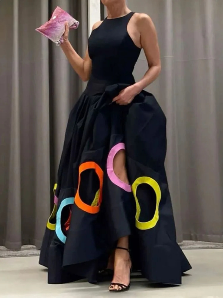 Freeacy Tank Top Spliced Pleated Black Party Dress for Women Summer Fashion Colorful Hollowed Floor Length Evening Dress 240824