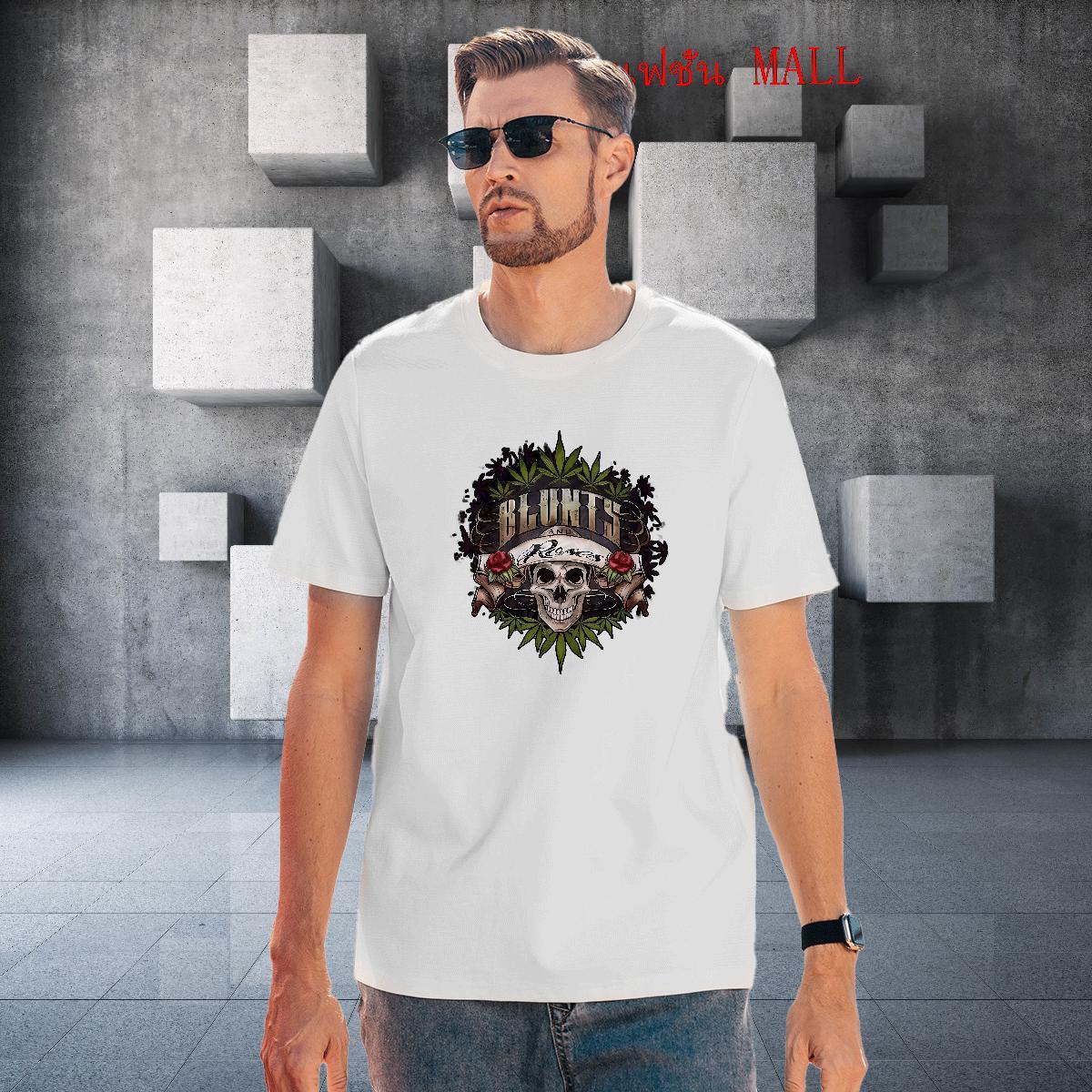 Loose Men T Shirts 100% Cotton 230g skull Sports Casual Floral Print Crew Neck Breathable Men Tops Tees Classic Casual Clothings