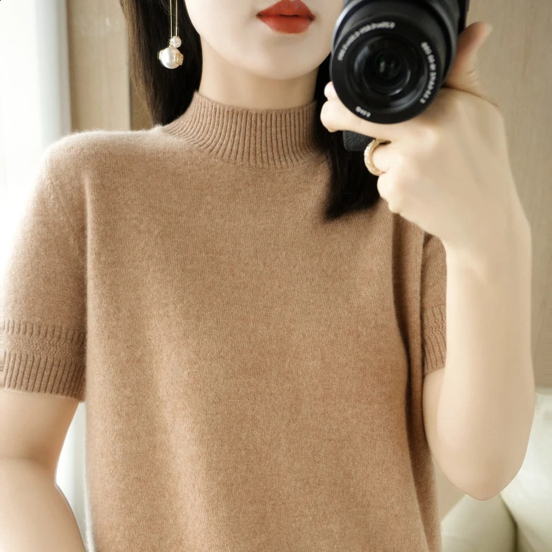 Spring Autumn Women Sweater Casual Warm Bottoming Shirts Mock Neck Basic Knitwear Short Sleeve Pullovers Korean Fashion Jumper 240824