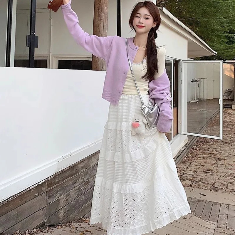 Autumn Winter Korean Buttons Solid Color O-neck Long Sleeve Sweater Femme Sweet Knitting Coat Women Clothing Simplicity Tops 240824