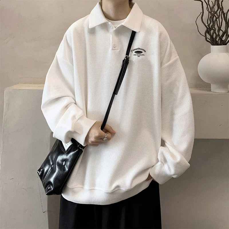 Long Sleeved Polo Shirt American Retro Pullover Collared Sweatshirt Gray Minimalist Men Spring Autumn Loose Fitting Clothing 240824