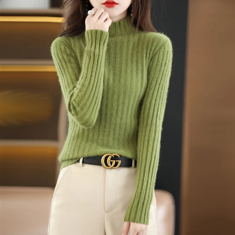 100% Mink Cashmere Womens Sweater Knitted Long Sleeve Pullover Half High Collar Loose Underlay Soft Fashion Womens Top 240824