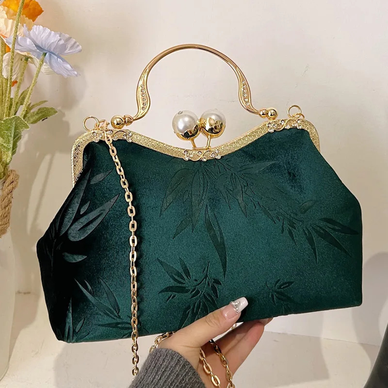 Women Western Style Embroidered Taxture Shoulder Bags Green Chain Crossbody Retro Corduroy Evening Prom Clutch 240824