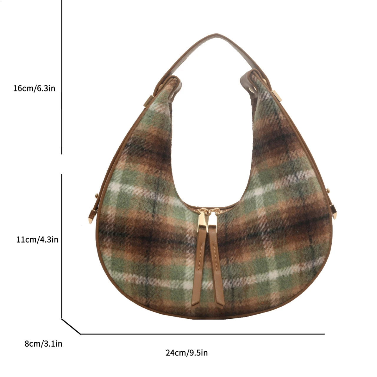 Woolen Women Handbag And Purse Vintage Plaid Hand Half Moon Underarm Shoulder Bag Female Clutches 240824