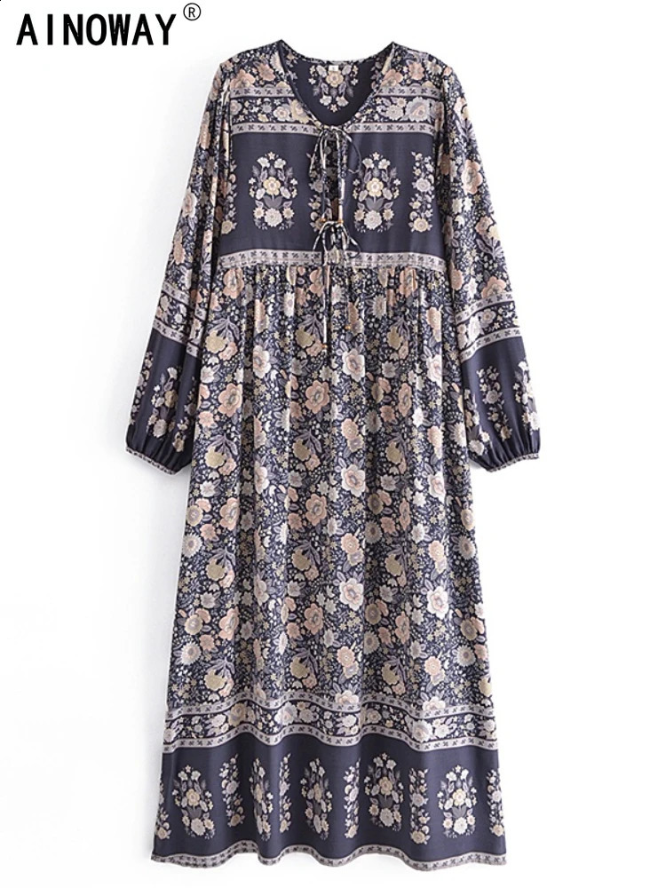 Grey Floral Print Vintage Women V-neck Lantern Sleeve Tassel Beach Bohemian Maxi Dresses Ladies Rayon Boho Dress Robe Vestidos 240824