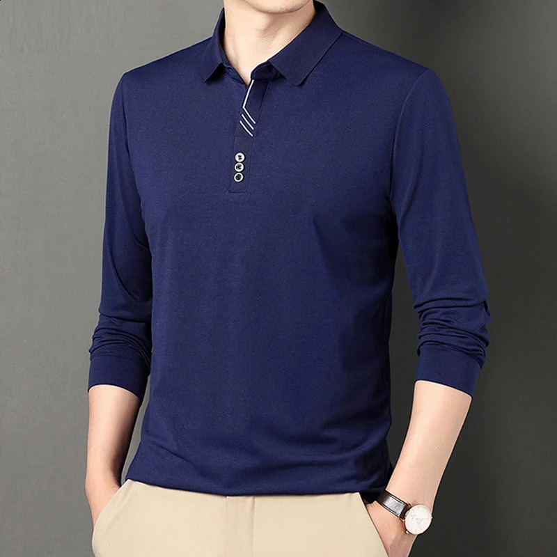 Spring Autumn Korean Fashion Polo Shirt for Men Business Casual Long Sleeve Button Tee Shirts Solid Slim Tops Ropa Hombre 240824