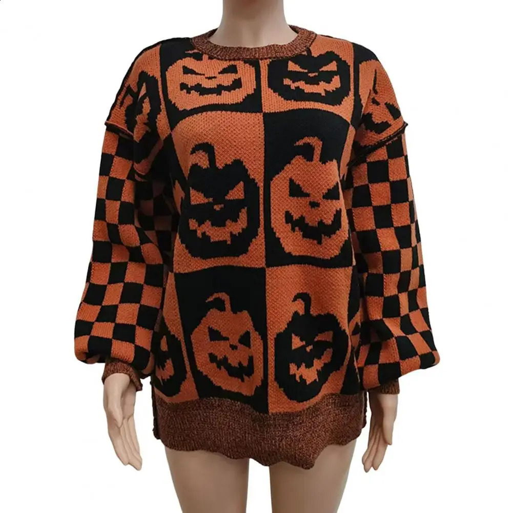 Halloween Spooky Sweater Plaid Pumpkin Ghost Pattern Knitting Tops Crew Neck Long Sleeve Pullover Knitwear 240824