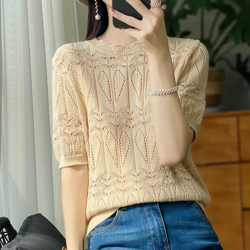 Pure Cotton Round Neck Sweater T-shirt Casual Solid Color Top Loose Hollow Pullover Short Sleeve Knitted Fashion T-shir 240824