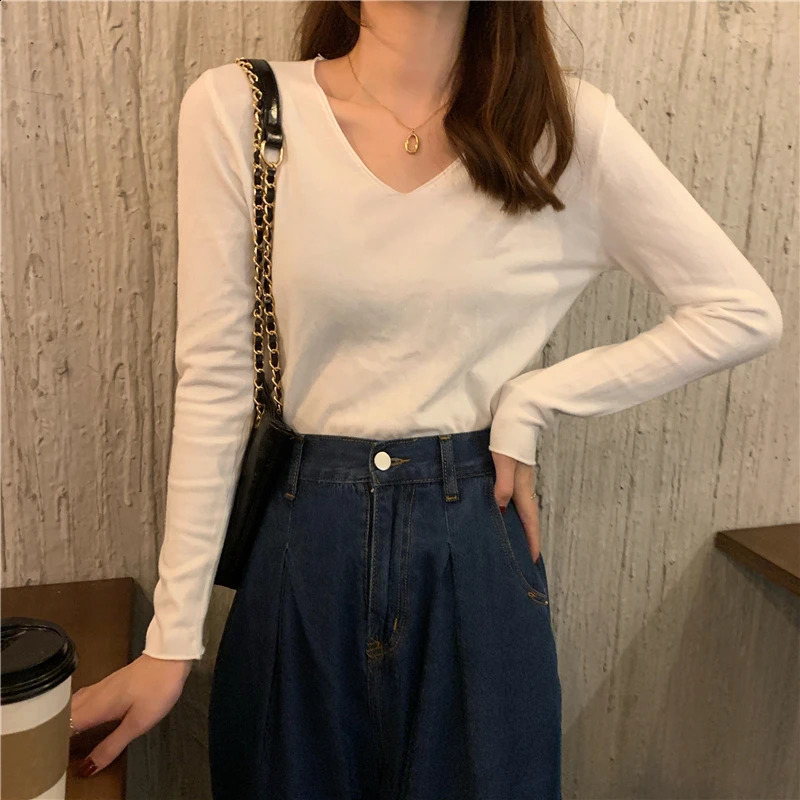 V-neck Sweater for Women Pullovers Long Sleeve Regular-fit Plain Jumper Knitwear Teen- Fall Winter Basic Outfit 240824