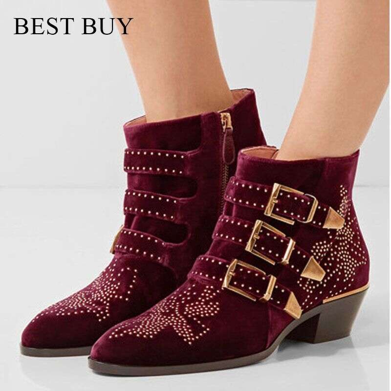 Denim Round Headed Rivet WER Boots, Susanna Studded Genuine Leather Ankle For Women, Botas Mujer Boots