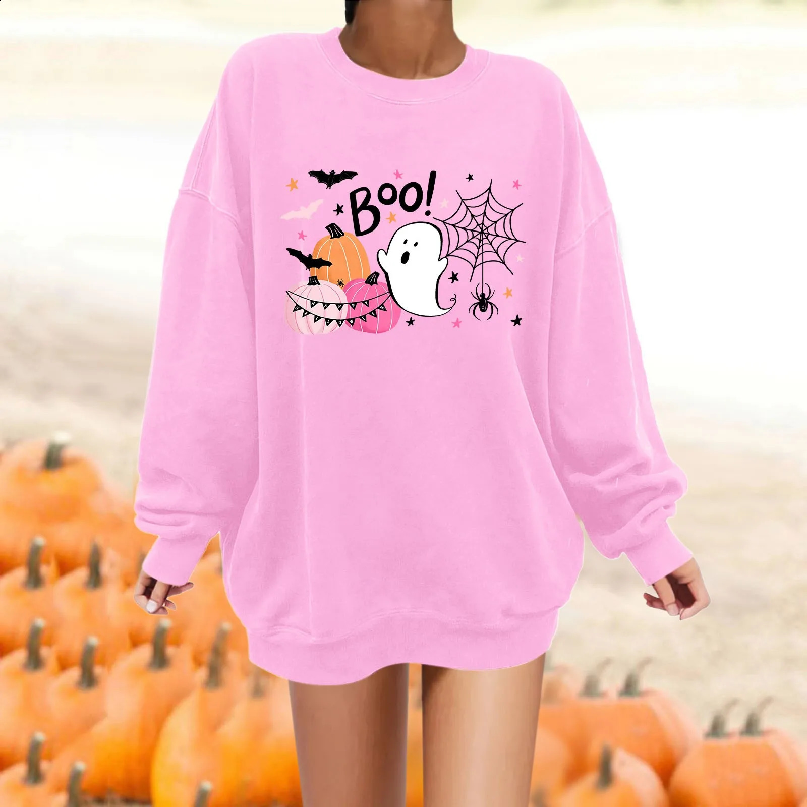 Cute Ghost Multi-Element Printed Womens Halloween Hoodie Solid Color Simple Fashion Trend Casual Hoodie Loose Warm Jumper 240824