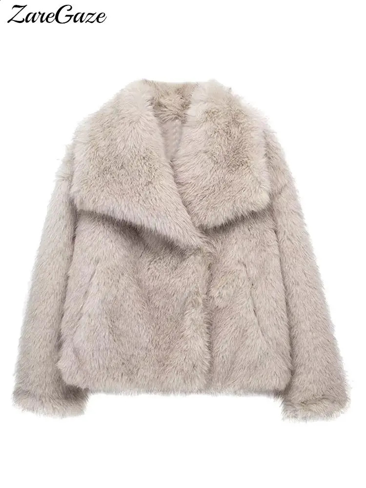 Womens loose long sleeved fluffy warm coat with artificial fur collar womens winter y fashion street clothing 240824