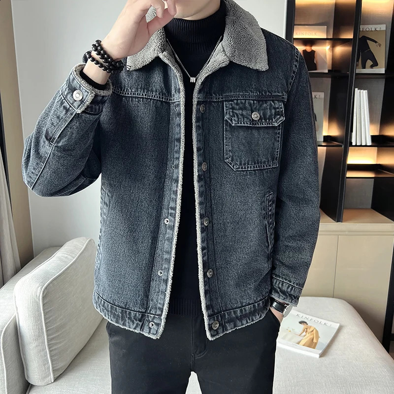 Mens denim jacket for autumn and winter mens military thick wool warm bomber army outerwear 5XL 240824