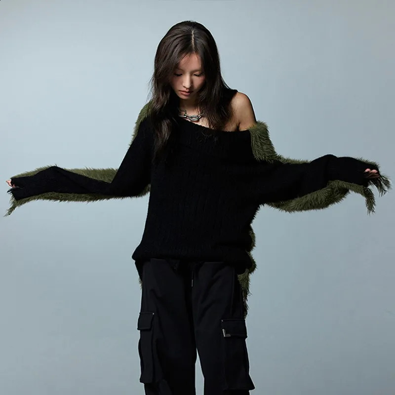 Karrcat Grunge Aesthetics Distressed Sweater Vintage Off Shoulder Knitted Pullover Korean Fashion Irregular Patchwork Knitwear 240824