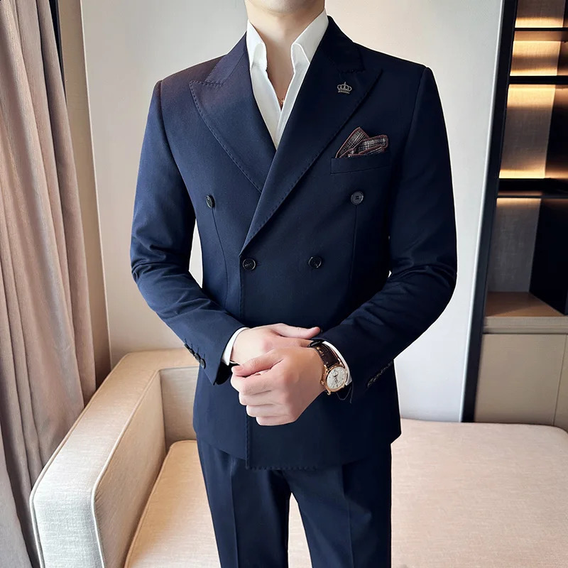 JacketsVestPants High Quality DoubleBreasted Business Suits Men Solid Color Casual Grooms Wedding Dress Man Blazers 5XL 240824