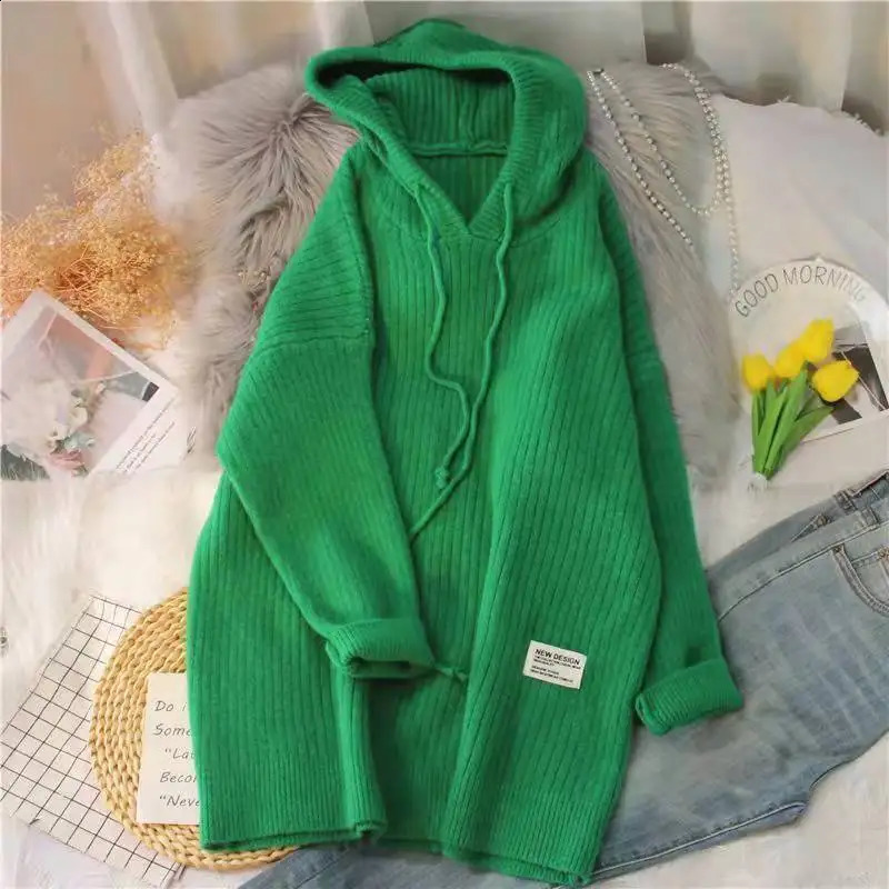 Autumn and Winter Hooded Knitted Sweater Womens Solid Color Knitted Sweater Loose Medium Long Thickened 240824