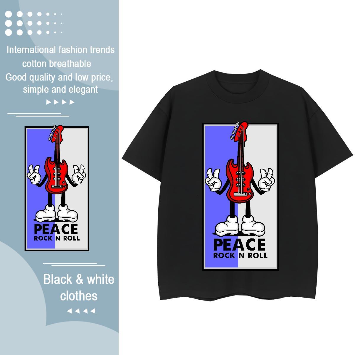 Loose fit Women Tees 230g Pure Cotton guita Outdoor T Shirt For Woman O Neck Short Sleeves Cartoon Printing L-4XL Top Tees
