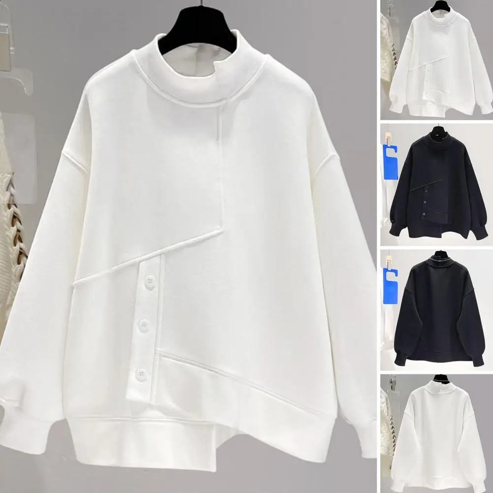 Women Autumn Winter Solid Sweatshirt Half High Collar Long Sleeve Irregular Hem Pullover Tops Buttons Decor Tops Streetwear 240824