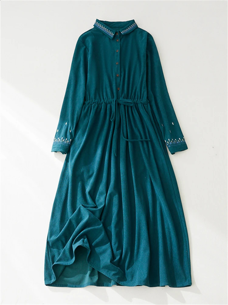 Spring Autumn Corduroy Long Sleeve Solid Color Vintage Dresses For Women Cotton Casual Loose Elegant Dress Fashion Clothing 240824