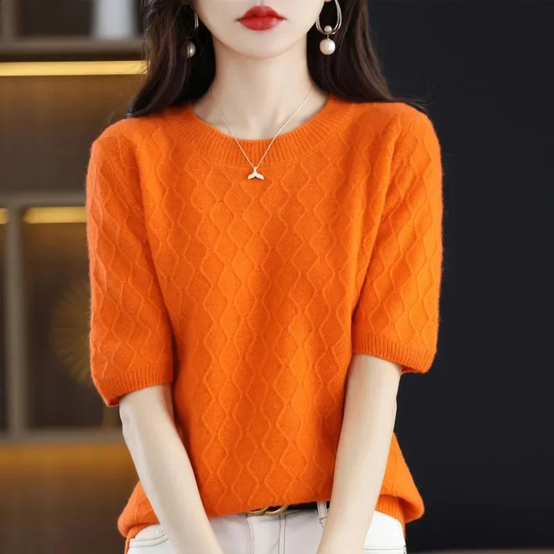 Women Sweater Short Sleeve O-neck Stripe Knitwears Slim Fit Shirt Jumpers Fashion Pullovers Thin Knit Bottoming Tops 240824
