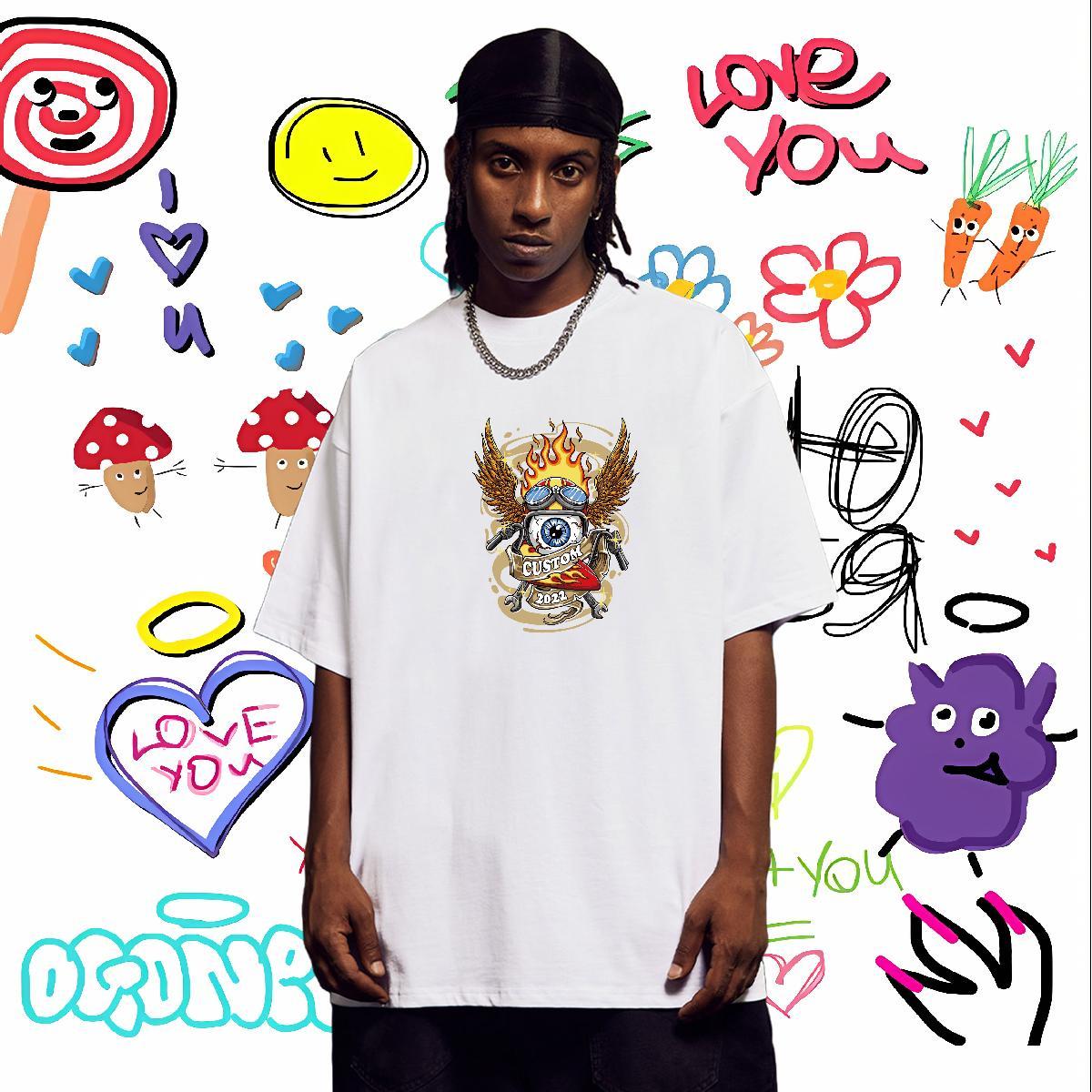 Cool T Shirts Men 230g 100% Cotton skull Hip Hop Street Floral Print Crew Neck Couples T Shirts New Tshirts