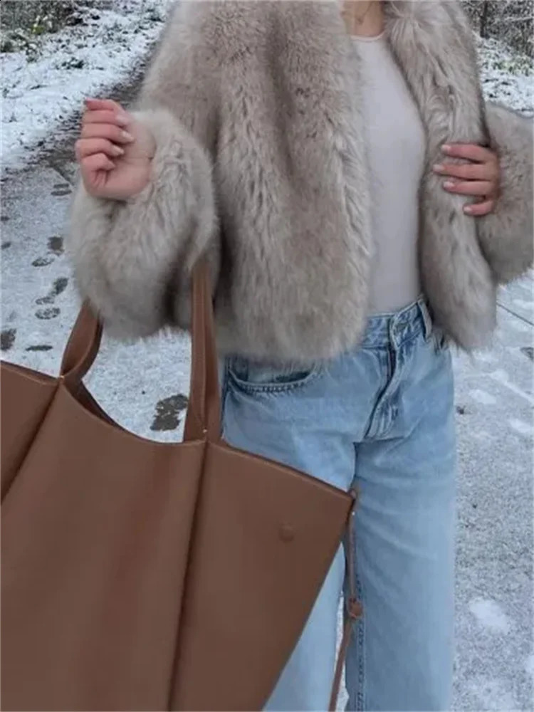 Fashionable fluffy faux fur coat for womens winter elegant loose long sleeved jacket ious thick street 240824