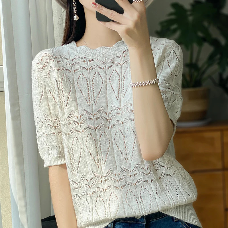 Pure Cotton Round Neck Sweater T-shirt Casual Solid Color Top Loose Hollow Pullover Short Sleeve Knitted Fashion T-shir 240824