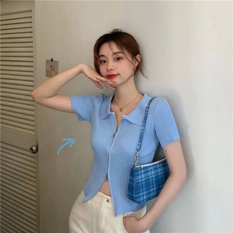 Woman TShirts Knitwear Short Sleeve Double Zipper Summer Polo Shirt T-shirt Crop Top Mujer Camisetas 240824