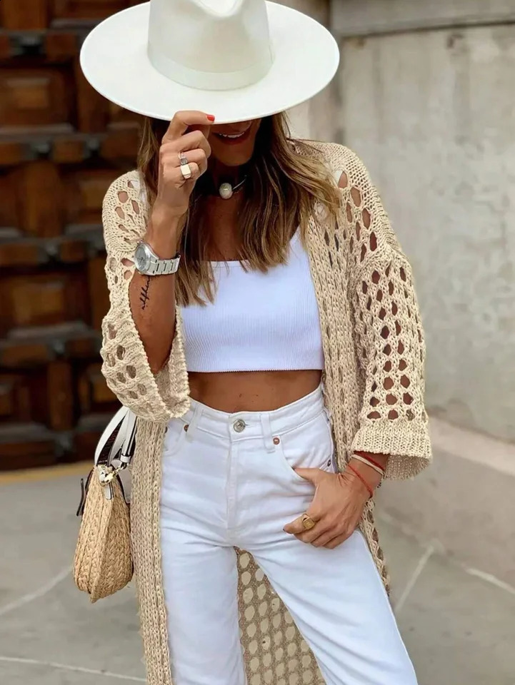 Long Knit Cardigan Sweater With Hollow Out And Open Front 240813