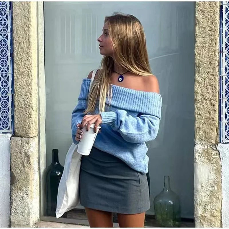 Autumn and Winter Soft Glutinous Bottom Off Shoulder Sweater for Womens Casual Loose and Lazy Style One line Neck Knitted T 240824