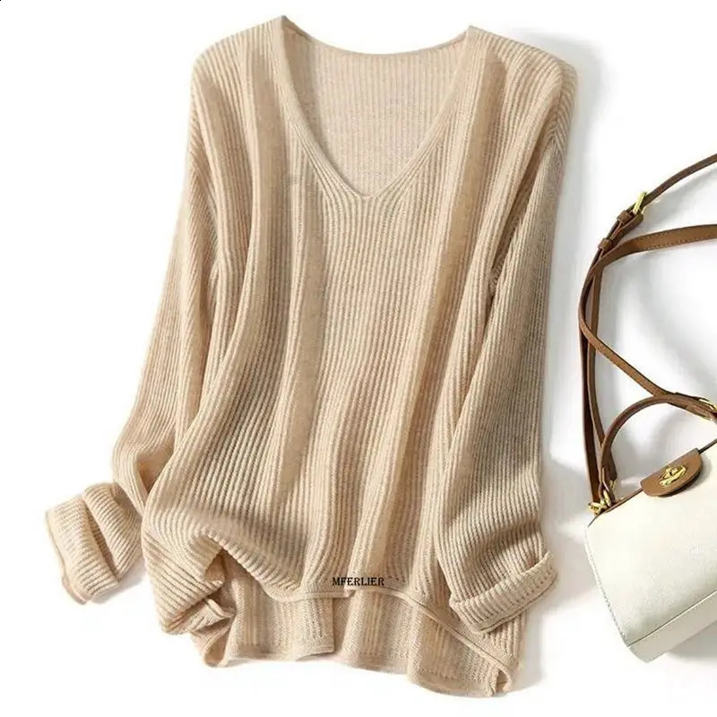 Plus Size 6XL 150KG Autumn Women Sweater Long Sleeve V Neck Casual Loose Hollow Solid Color Sweater Black Beige Loose Coat 240824