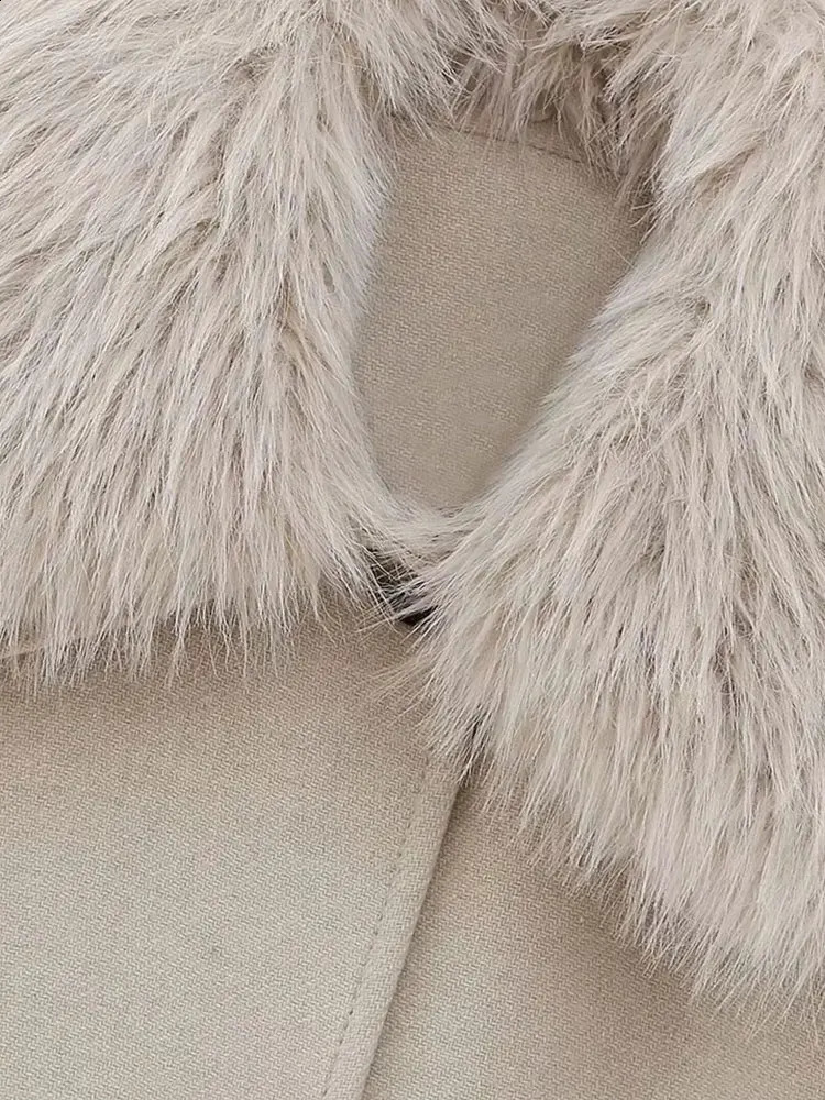 TRAF Autumn Womens Coat Long Sleeve Faux Fur Collar Jacket Wool Warm Winter 240824