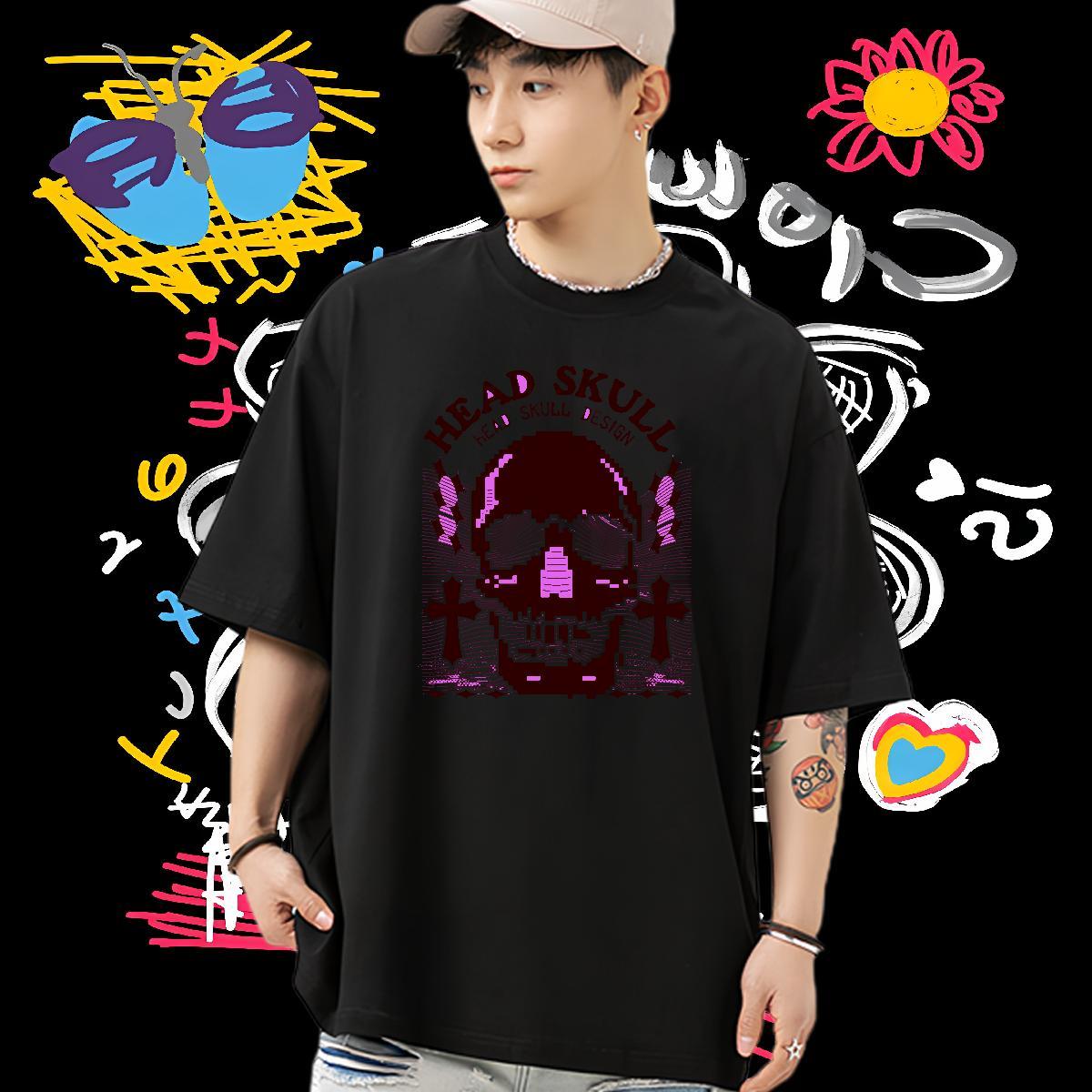 Unisex T-Shirts for Men 230g Cotton skull Anime Printing Street DIY Printed Short Sleeve Soft Men Clothes T-Shirt 2024 Summer Tops