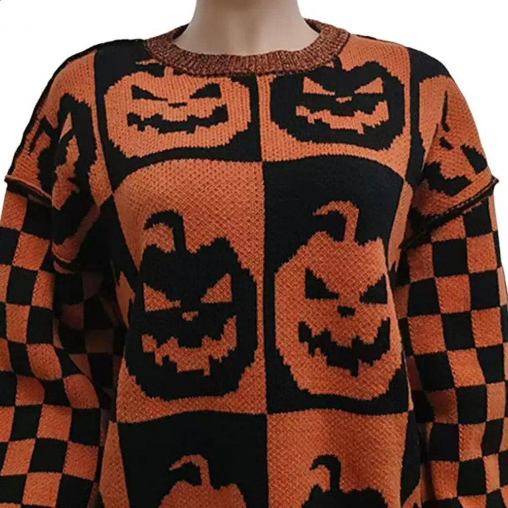 Halloween Spooky Sweater Plaid Pumpkin Ghost Pattern Knitting Tops Crew Neck Long Sleeve Pullover Knitwear 240824