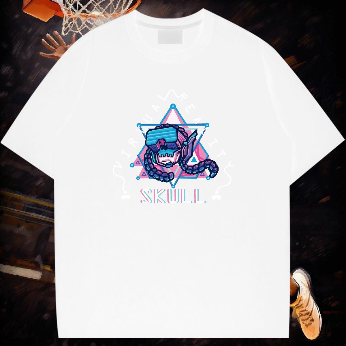 TOP Quality T shirt 100% Cotton 230g skull High Street Hip Hop DIY Printed O-Neck Short Sleeve Men Clothes T-Shirt New Polos