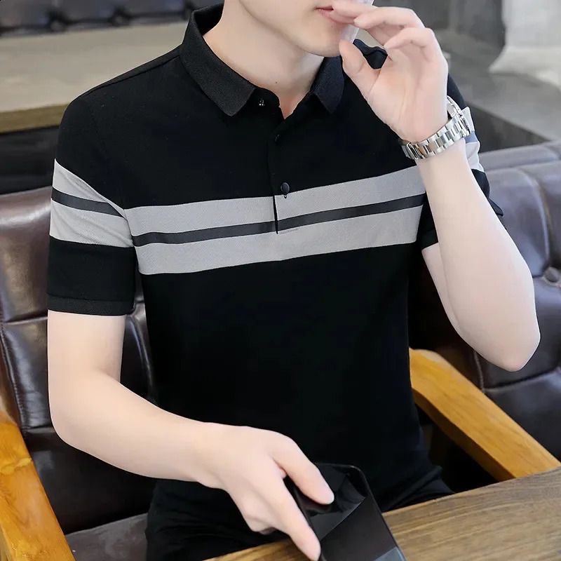 Men Short Sleeved T-shirt Summer Korean Slim Lapel Collar Stripe Contrasting Colors Patchwork Comfortable Commuting Polo Shirt 240824