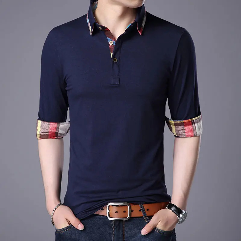 Spring Autumn Korean Business Casual Long Sleeve Polo Shirt Men Lapel Print Button Patchwork Screw Thread Loose Cotton Top 240824