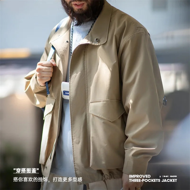 Maden Workwear American Vintage M65 Jacket Multi Pocket Lapel Amekaji Loose Coats Autumn Khaki Mens Clothing Tops 240824