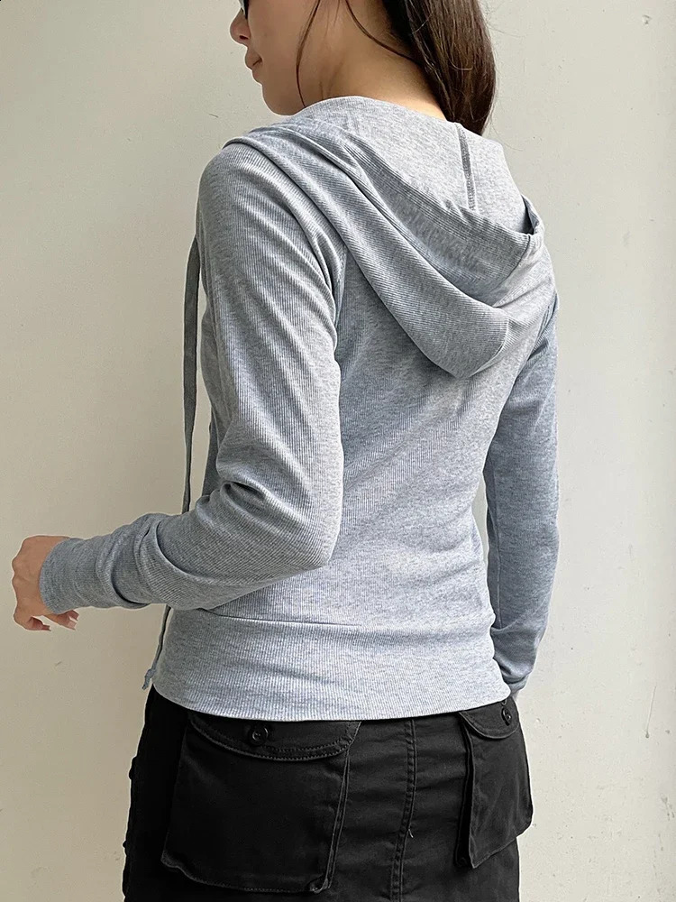 Casual Streetwear Basic Hooded Pockets Sweatshirt Tracksuit Solid Long Sleeve Women Vintage Zip Up Hoodies Fashion Sweatshirts 240824