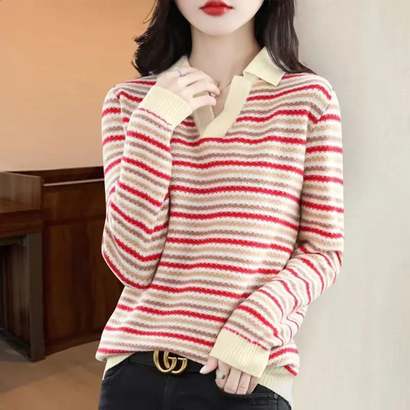 Korean Women Clothing Fashion Bottoming Stripe Sweaters Spring Autumn Long Sleeve Casual All-match V-Neck Knitted Pullovers Tops 240824