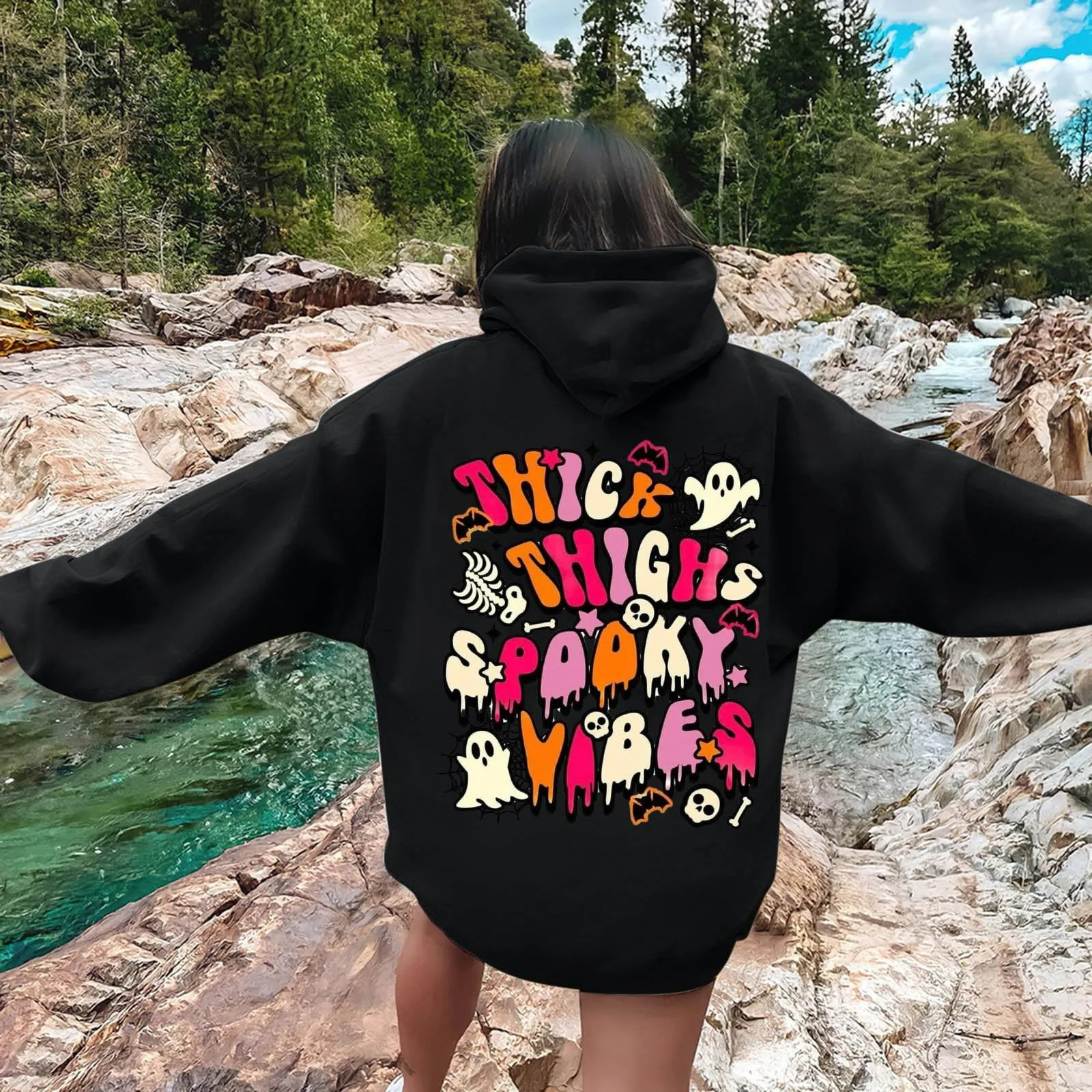 WomenS Halloween Hoodie Multi-Element Printed Pullover Round Neck Long Sleeve Drawstring Hoodie Trend All Match Casual Hoodie 240824