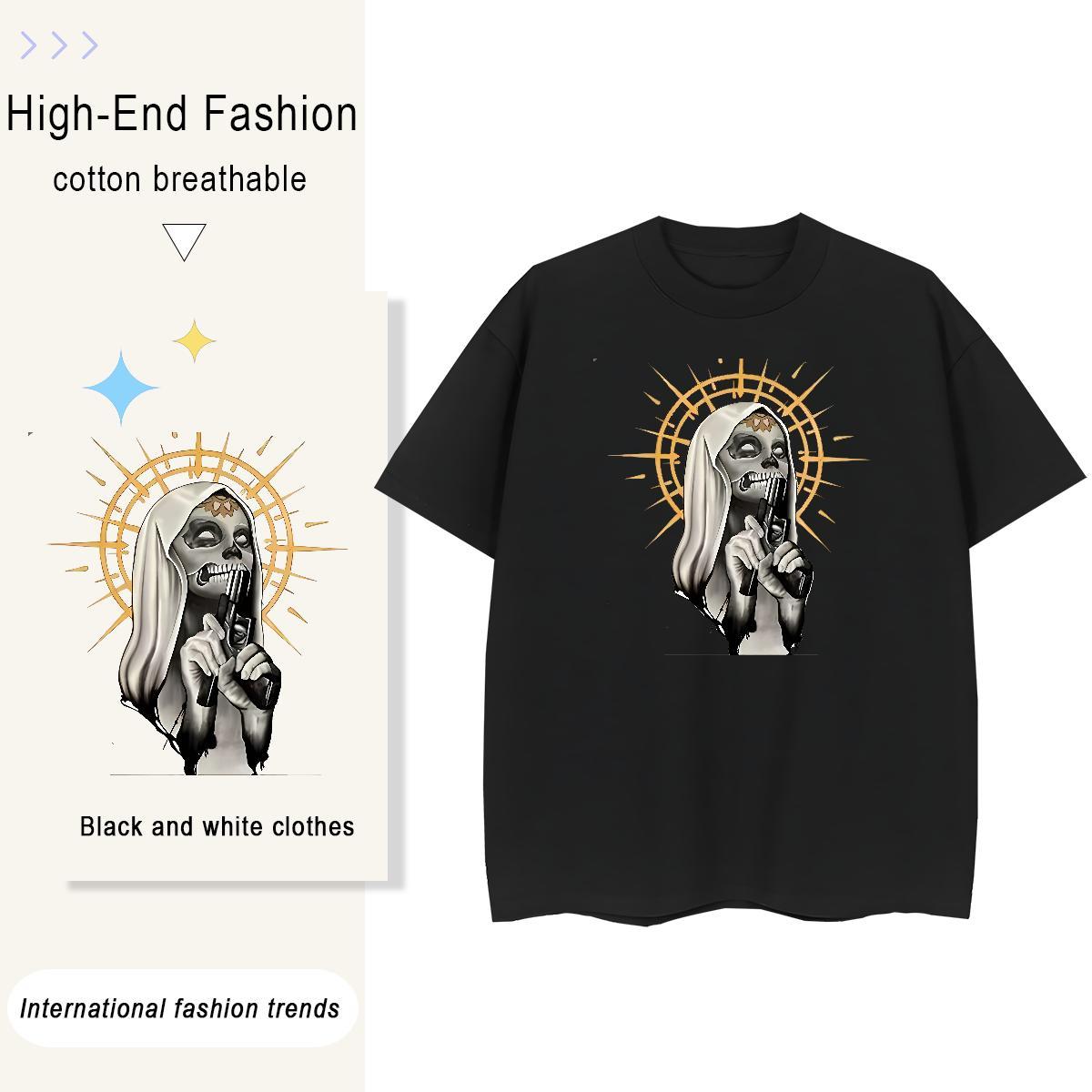 5A Tshirt for Man Woman 230g Cotton skull Street Women T Shirts Short Sleeve O-Neck Floral Print Polos