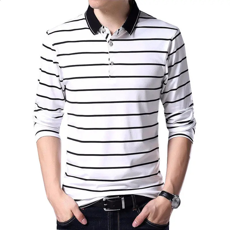Korean High-end Pure Cotton Long Sleeved PoloT Shirt Slim Lapel Button Business Casual Black and White Striped High Elastic Top 240824