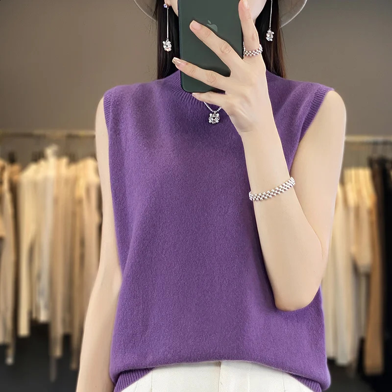 Womens T-shirt Spring/Summer Pure Wool Tank Top Womens Half High Neck Knitted Pullover Sleeveless Vest Kam Shoulder 240824