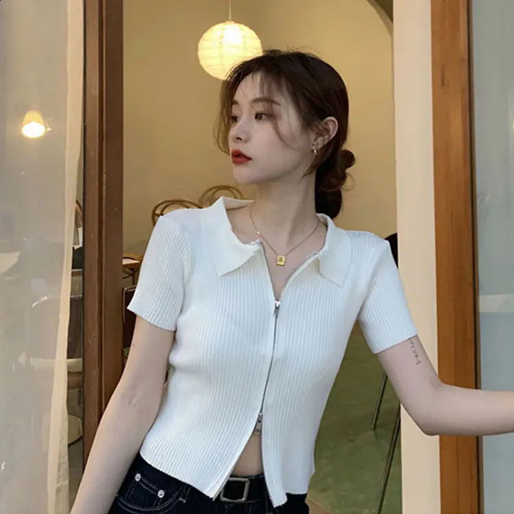 Woman TShirts Knitwear Short Sleeve Double Zipper Summer Polo Shirt T-shirt Crop Top Mujer Camisetas 240824