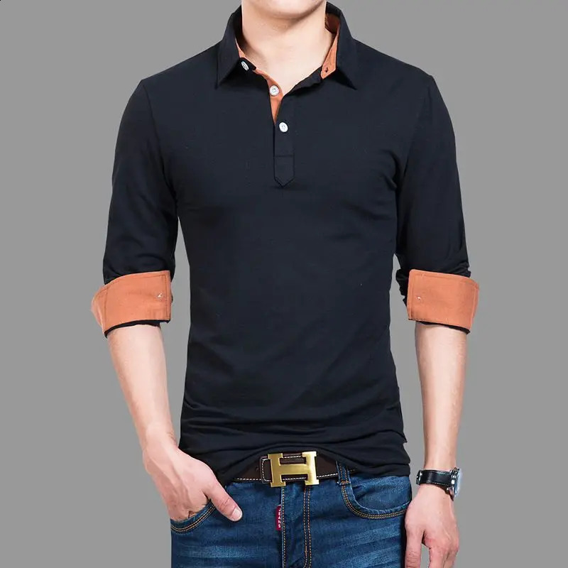 Spring Autumn Korean Business Casual Long Sleeve Polo Shirt Men Lapel Print Button Patchwork Screw Thread Loose Cotton Top 240824