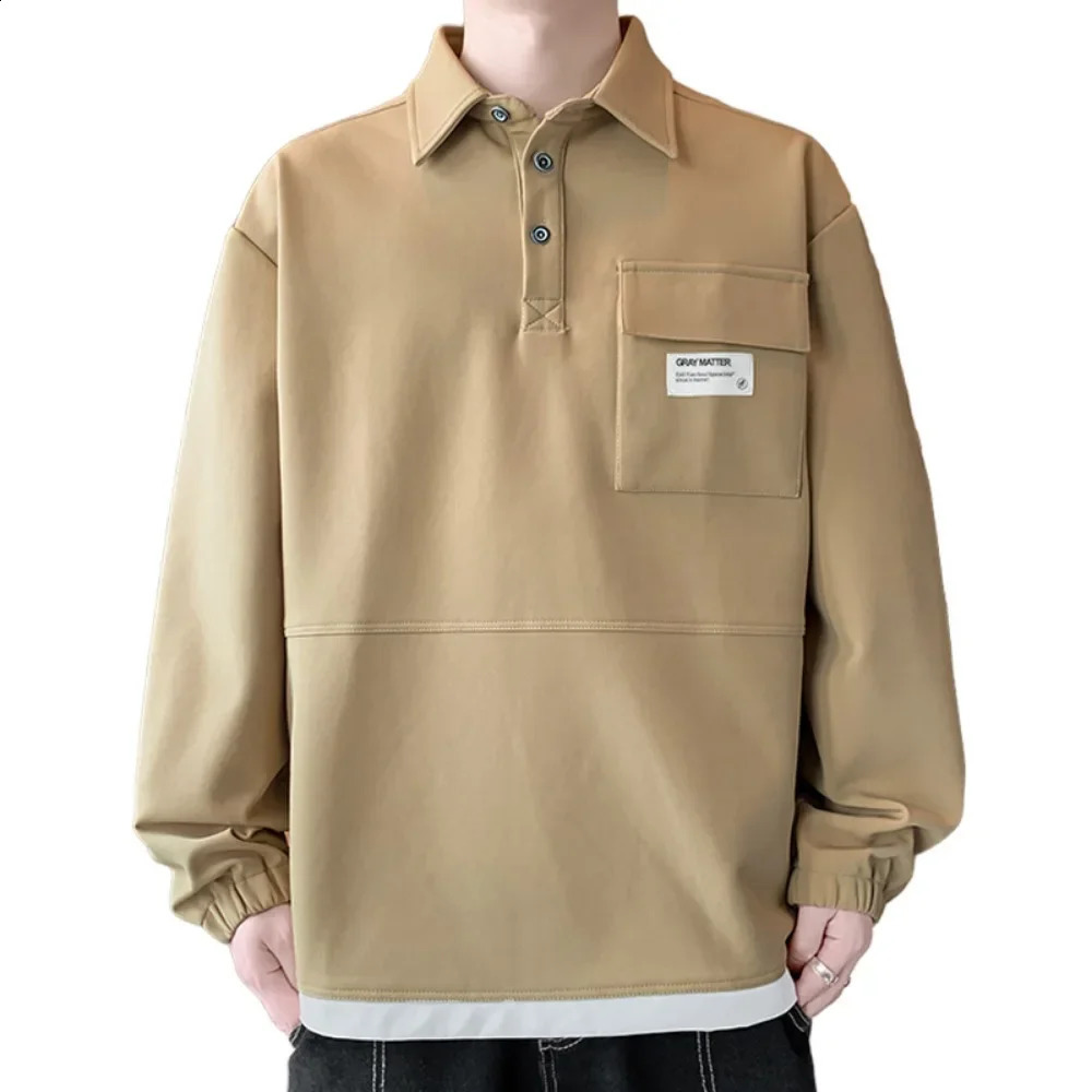 Mens Fall Casual Polo Shirts Classic Button Basic Long Sleeve with Pocket Shirt Solid Color Korean Stylish Tops Clothes For Men 240824