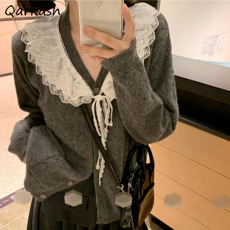 Cardigan Women All-match V-Neck Lace Patchwork Sweater Spring Fall Gray Kawaii Retro Tender Knitted Simple n Outerwear 240824