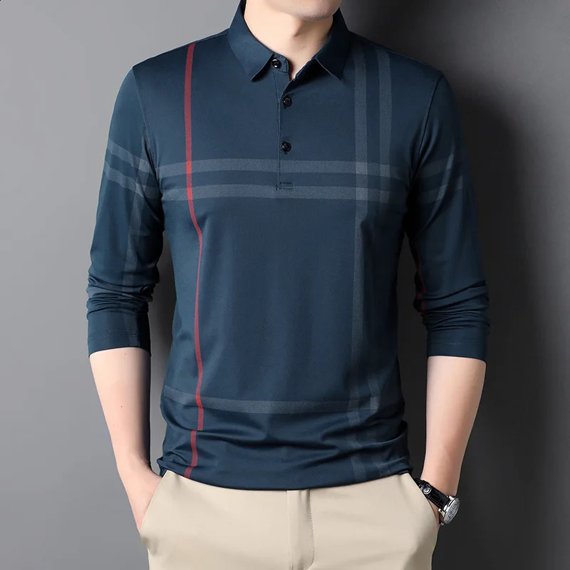 Spring Autumn Business Casual Slim Polo Shirts Men Korean Fashion Striped Lapel Button Long Sleeve T-shirt Ropa Hombre 240824